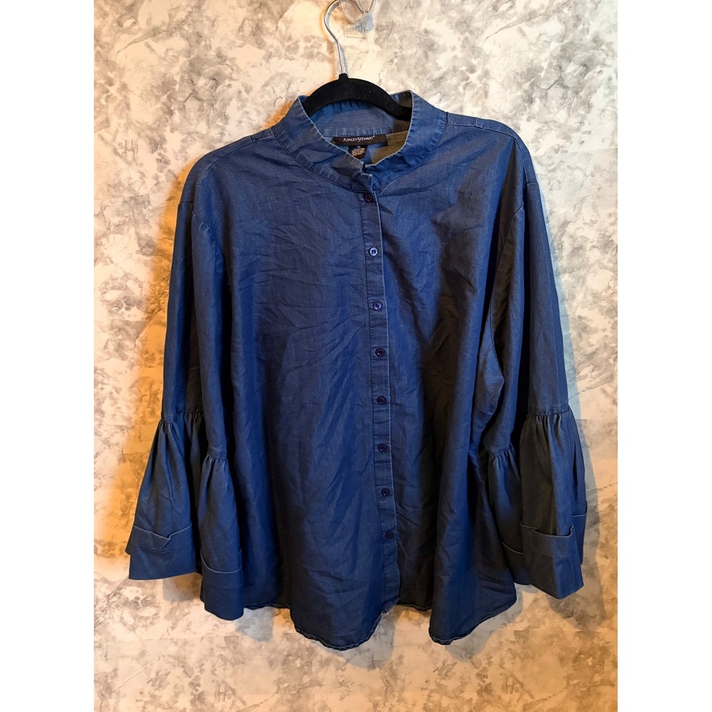 Ashley Stewart Women's Denim Flare Bell Sleeve Button Front Top Plus Size 26‎